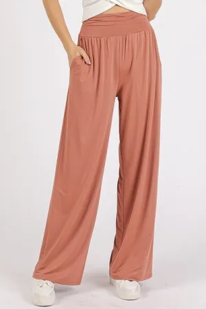 Stretch Banded Waist Wide Leg Pants with Pockets