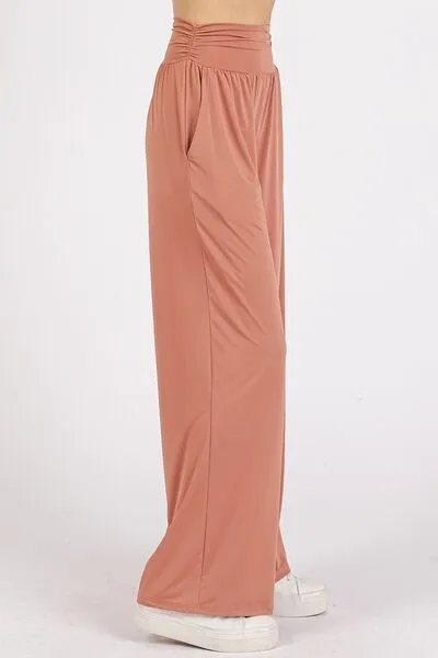 Stretch Banded Waist Wide Leg Pants with Pockets