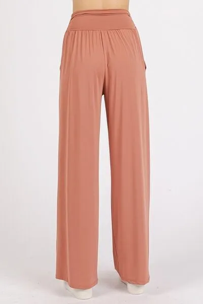 Stretch Banded Waist Wide Leg Pants with Pockets