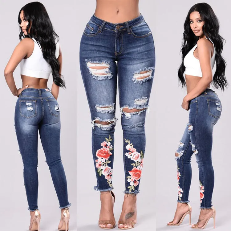 Summer woman ripped Jeans With Embroidery hole Sexy High Waist