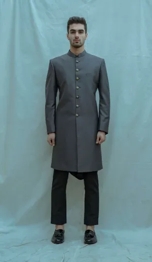 Textured Grey Achkan with Cowl Kurta Set