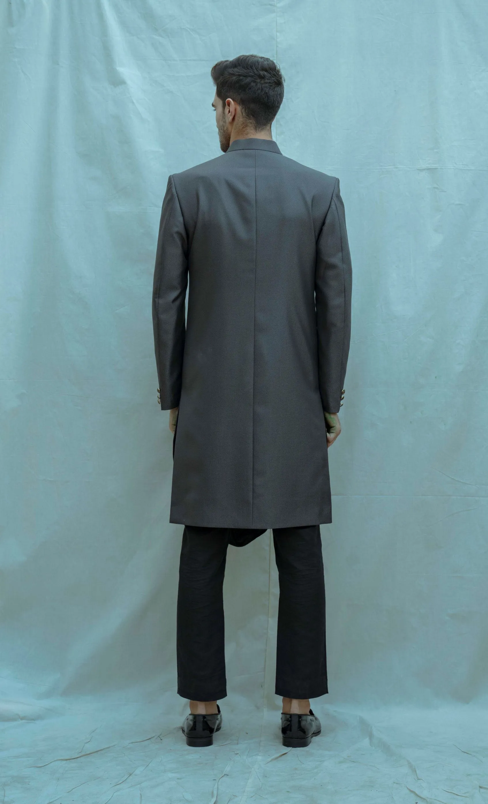 Textured Grey Achkan with Cowl Kurta Set