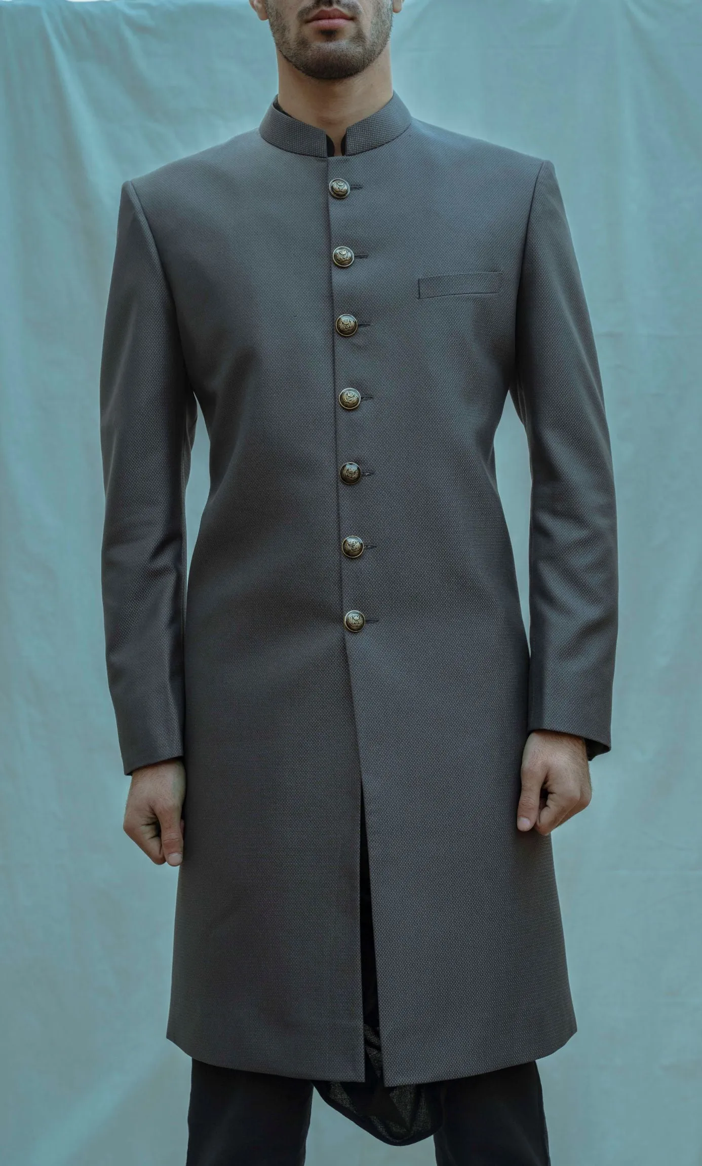 Textured Grey Achkan with Cowl Kurta Set