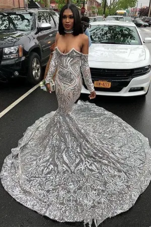 Trendy Long Sleeves Sweetheart Silver Sequined Luxurious Prom Party GownsNew Arrival