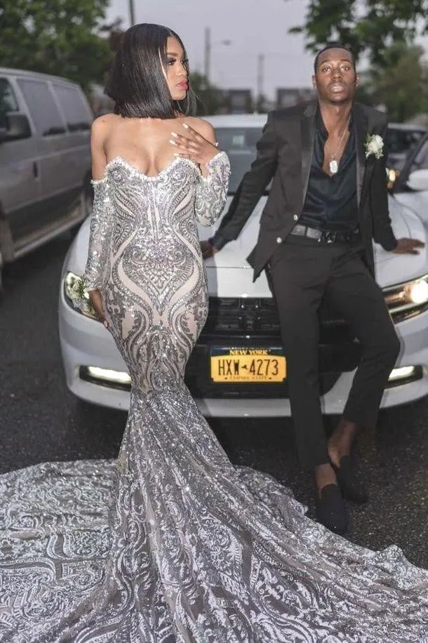 Trendy Long Sleeves Sweetheart Silver Sequined Luxurious Prom Party GownsNew Arrival
