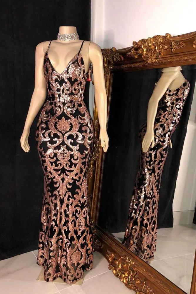 Trendy Sequins Appliques V-neck Spaghetti Long Mermaid Prom Gowns