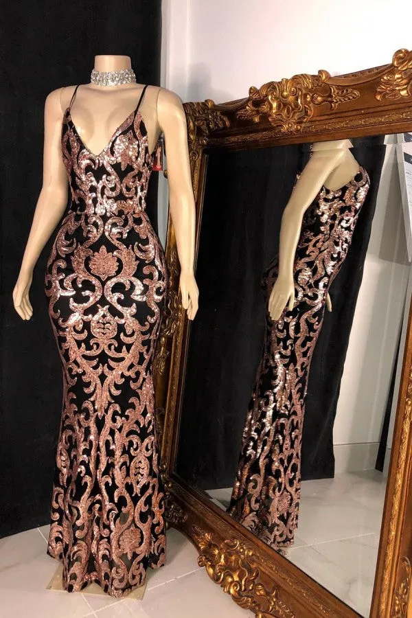 Trendy Sequins Appliques V-neck Spaghetti Long Mermaid Prom Gowns