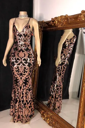 Trendy Sequins Appliques V-neck Spaghetti Long Mermaid Prom Gowns