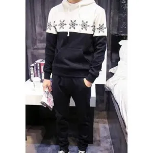 Trendy Snowflake Print Color Block Splicing Slimming Men's Hoodie and Sweatpants Two-Piece - Black M