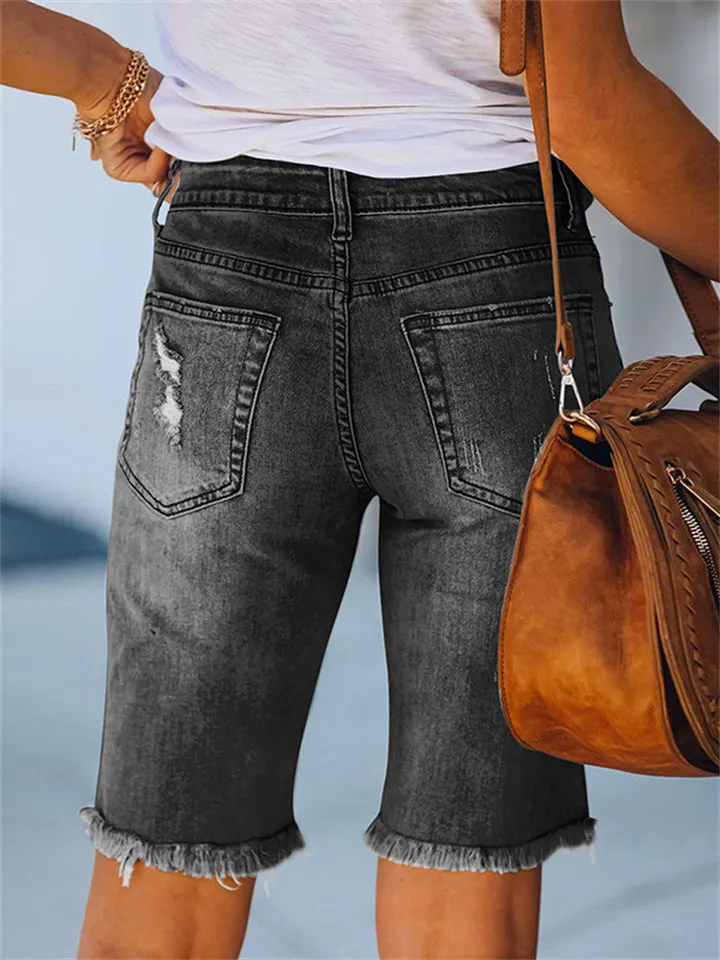Trendy Solid Color Ripped Short Denim Pants