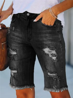 Trendy Solid Color Ripped Short Denim Pants