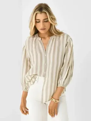 Velvet - Gabby Striped Linen Top in Khaki