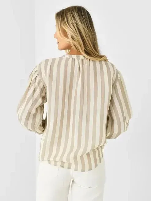 Velvet - Gabby Striped Linen Top in Khaki