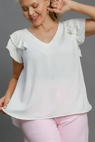 White V-Neck Double Layered Ruffle Sleeve Blouse
