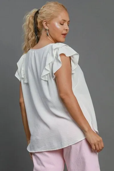 White V-Neck Double Layered Ruffle Sleeve Blouse