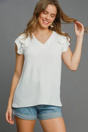 White V-Neck Double Layered Ruffle Sleeve Blouse