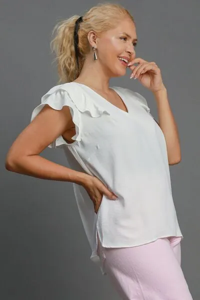 White V-Neck Double Layered Ruffle Sleeve Blouse