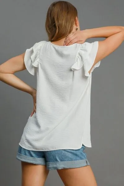 White V-Neck Double Layered Ruffle Sleeve Blouse