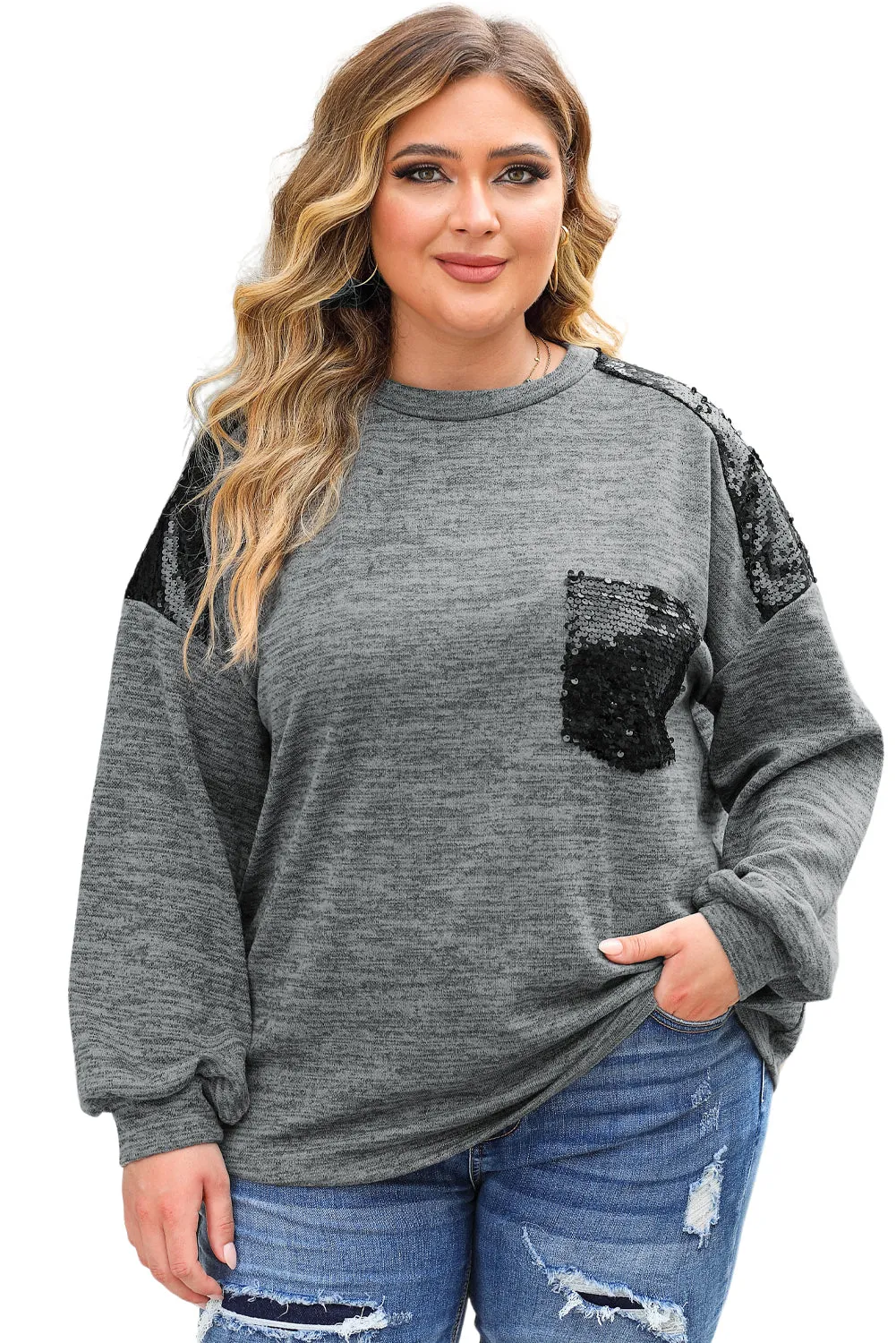 Wholesale Gray Sequin Patchwork Long Sleeve Plus Size Top