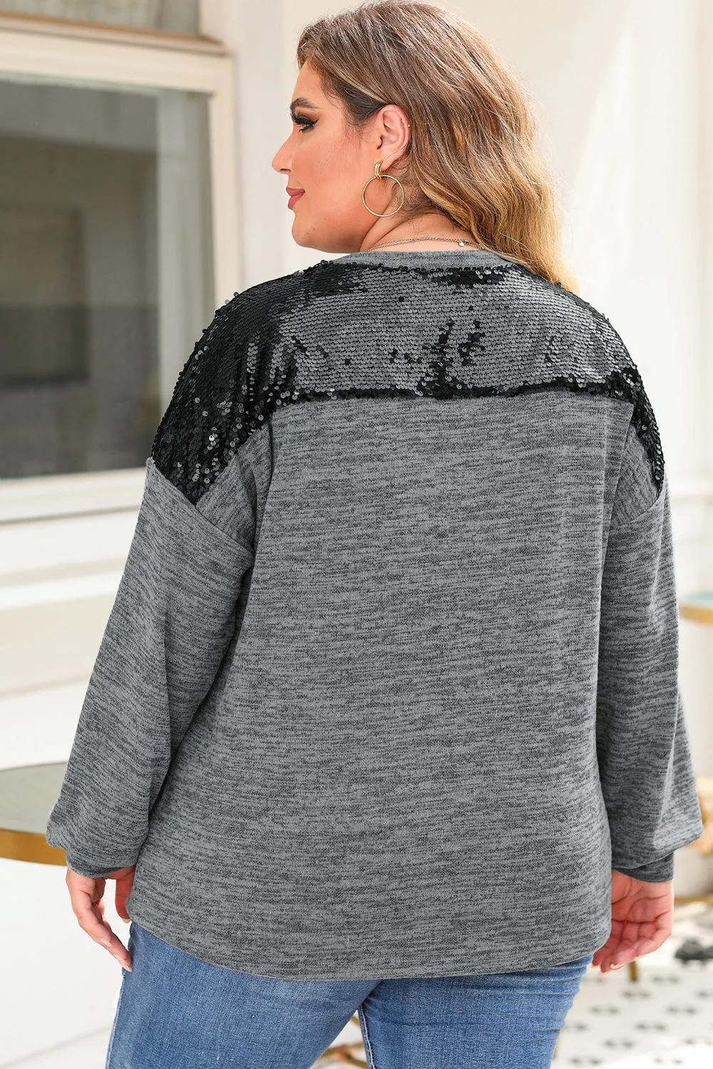 Wholesale Gray Sequin Patchwork Long Sleeve Plus Size Top