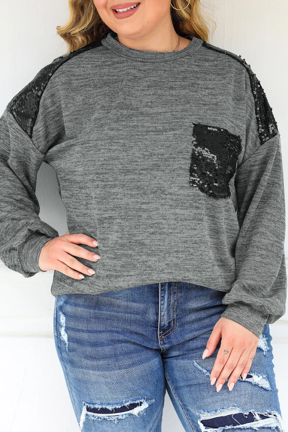 Wholesale Gray Sequin Patchwork Long Sleeve Plus Size Top
