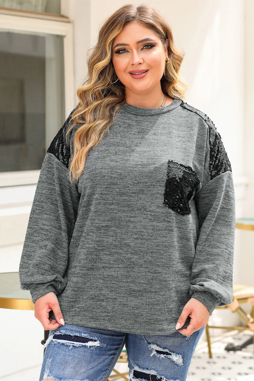 Wholesale Gray Sequin Patchwork Long Sleeve Plus Size Top
