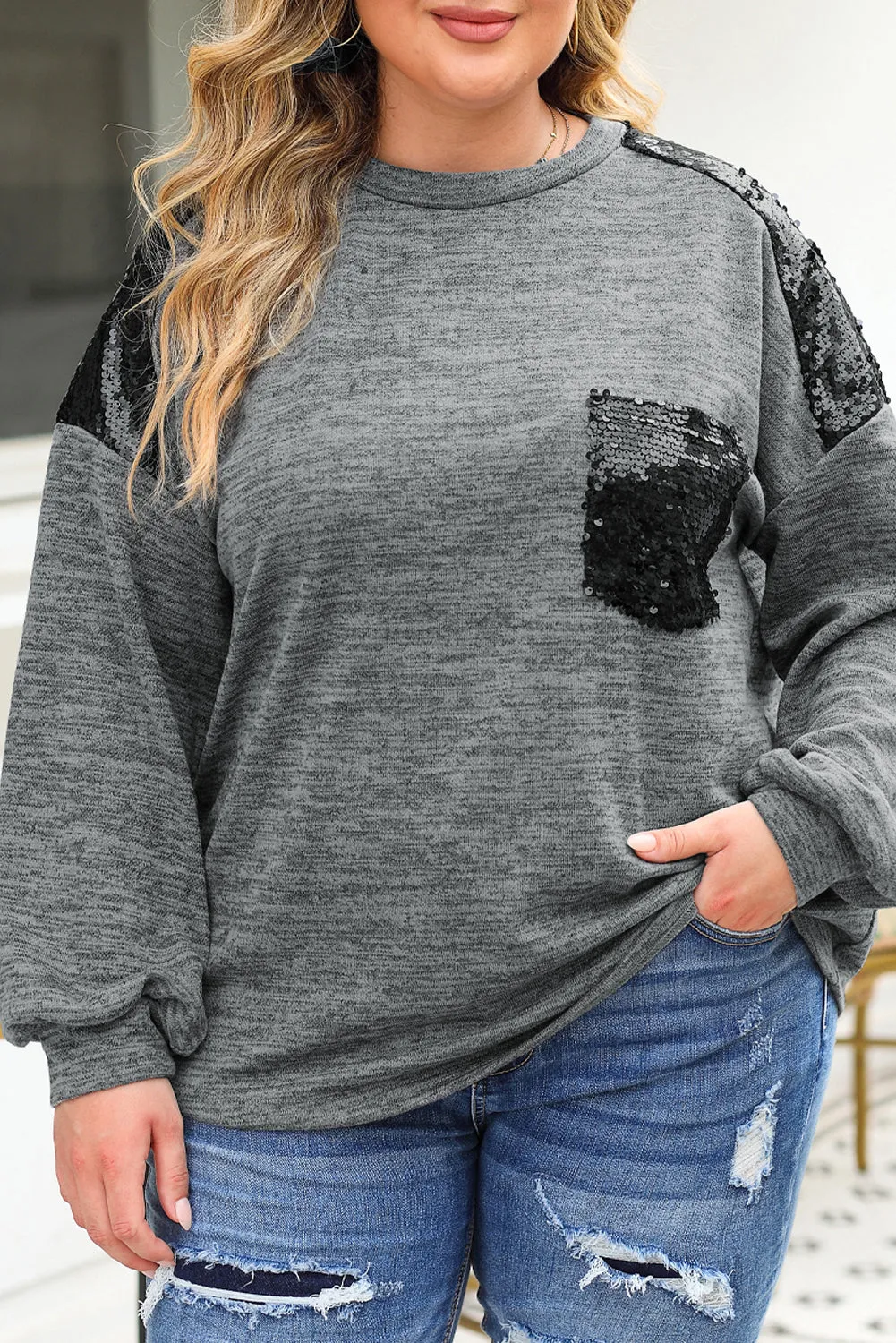 Wholesale Gray Sequin Patchwork Long Sleeve Plus Size Top