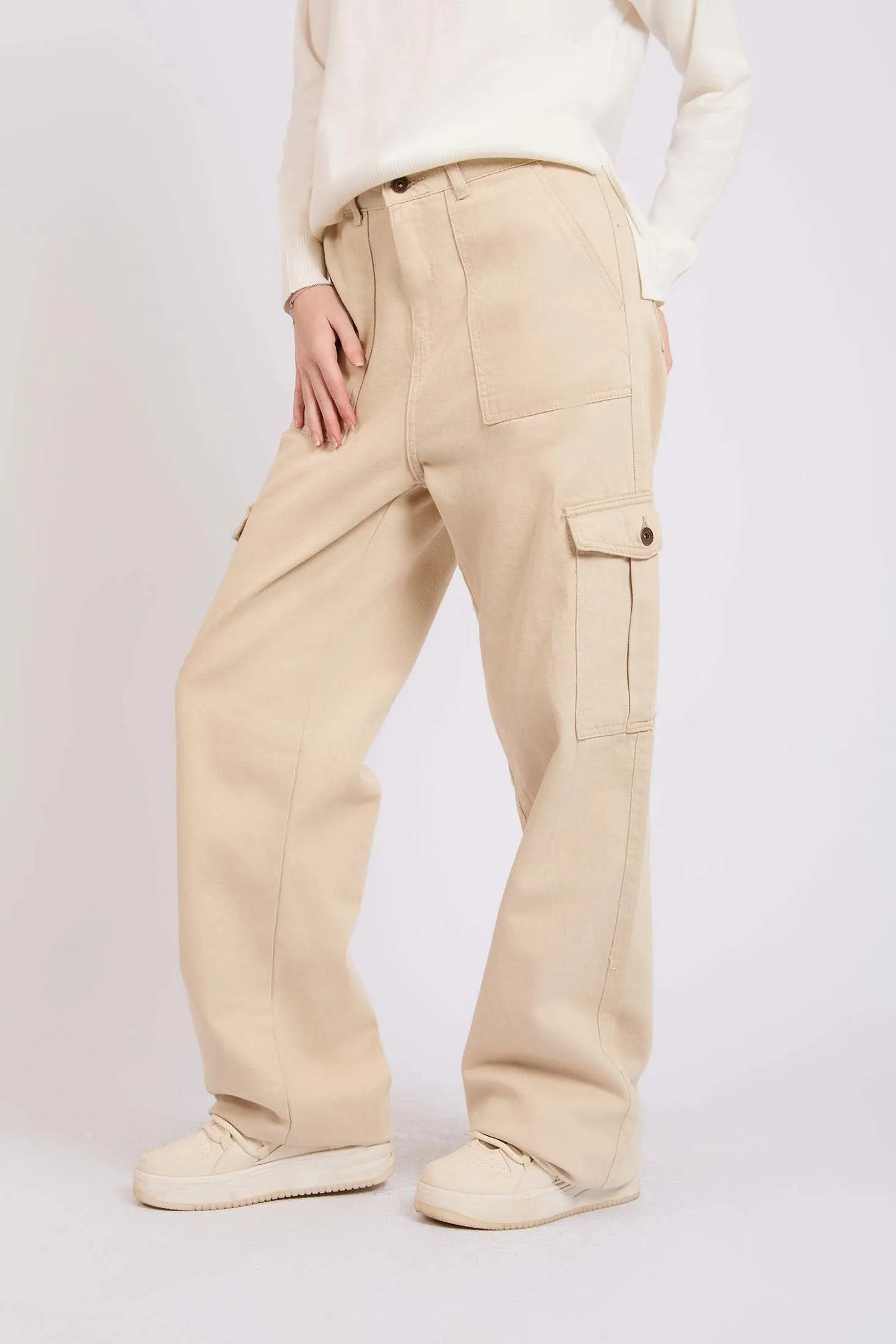 Women Pant Wide Leg Baggy Beige
