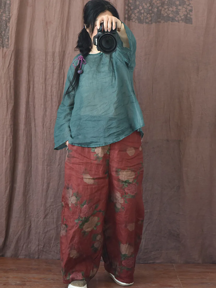 Women Vintage Floral Spring Wide-leg Pants