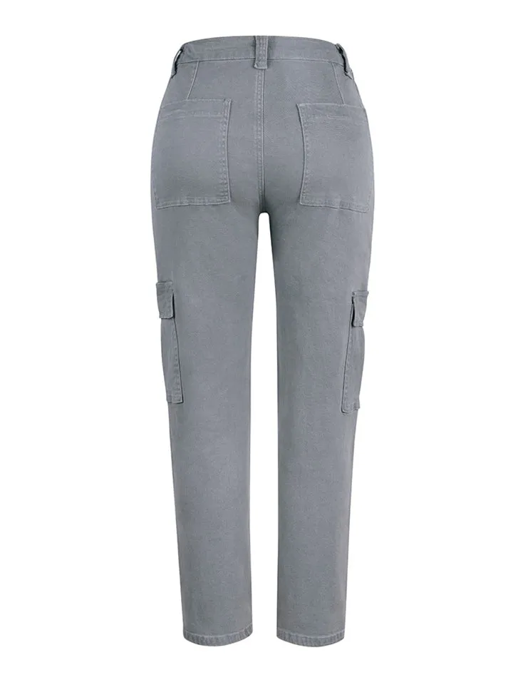 Women's Casual Washed Effect Multi-Pockets Button Grey Cargo Pants