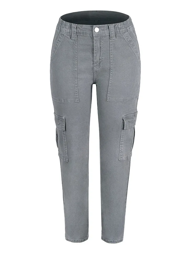 Women's Casual Washed Effect Multi-Pockets Button Grey Cargo Pants