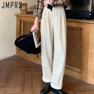 Women's Vintage Straight Wide Leg Corduroy Pants Casual High Waist Pockets Retro Trousers